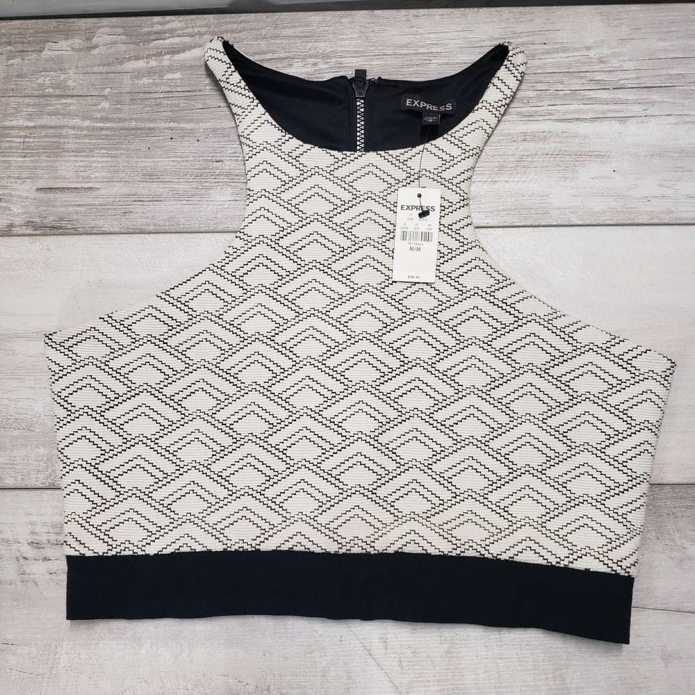Express Geometric Print Crop Top Sleeveless High Neck Medium Back Zip Closure